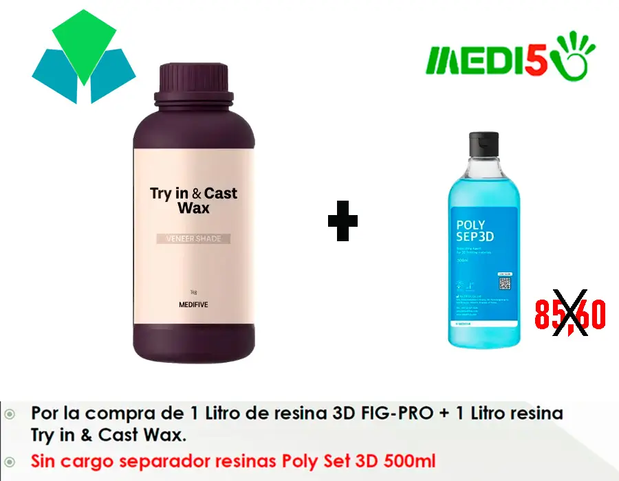 Un litro de resina 3D FIG-PRO mas un Litro de resina Try in & Cast wax te llevas sin cargo un separador Poly Set 3D de 500ml