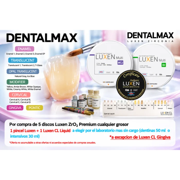 Oferta Dentalmax Luxen ZrO2 Premium con pincel Luxen y Luxen CL Liquid sin cargo por la compra de 5 discos