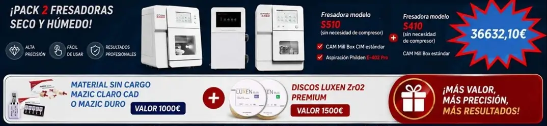Oferta pack de fresadoras Philden S510 y S410 para laboratorio dental con materiales MAZIC y discos Luxen ZrO2 Premium sin cargo