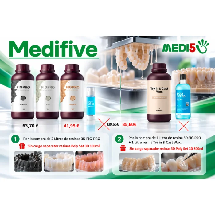 Ofertas Medifive en resinas 3D FIG-PRO y Try in & Cast Wax con separador Poly Set 3D sin cargo