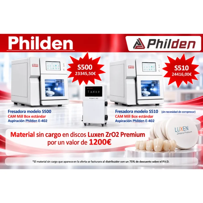 Oferta Philden fresadoras S500 y S510 con aspiración E-402 y 1.200 euros en discos Luxen ZrO2 Premium sin cargo