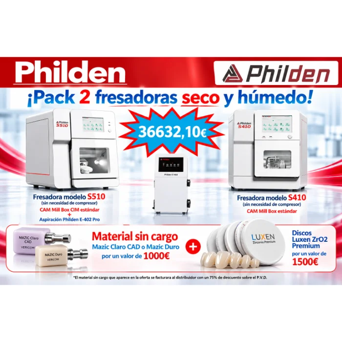 Oferta Philden pack de fresadoras S510 y S410 para fresado en seco y húmedo con material dental sin cargo